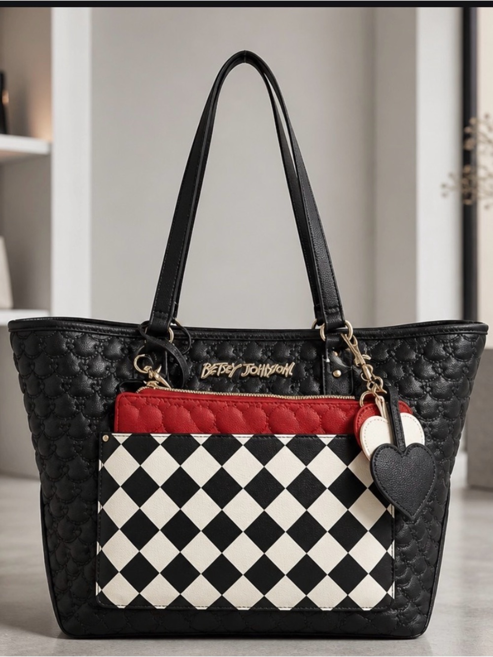 Betsey Johnson Black Tote with Red Accent & Black-and-White Diamond Front NWT